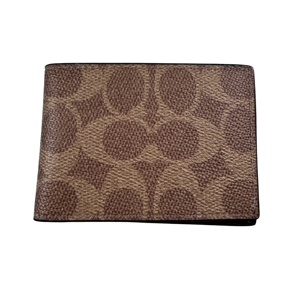 Coach Bifold Wallet Men OS Tan Brown Signature Monogram ID Window Canvas Leather
